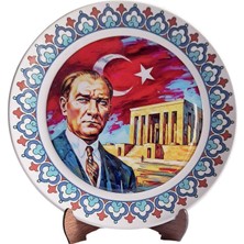 Leylaki Atatürk Resmi -  Atatürk, Anıtkabir ve  Türk Bayraklı Yağlıboya Resimli Seramik Tabak – Çini Bordür,  Askılı / Stantlı - 20 cm Çap