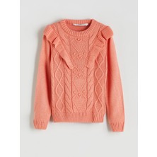 LC Waikiki Lcw Eco Turuncu Bisiklet Yaka Fırfır Detaylı Kız Çocuk Triko Kazak