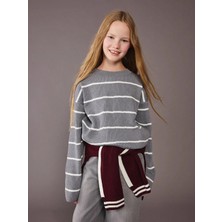 LC Waikiki Lcw Kids Gri Bisiklet Yaka Çizgili Kız Çocuk Triko Kazak