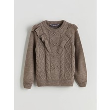 LC Waikiki Lcw Eco Kahverengi Bisiklet Yaka Fırfır Detaylı Kız Çocuk Triko Kazak