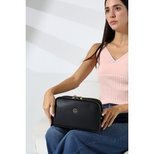 Moda Lime Kadın Siyah Baskılı Orta Boy Yandan Çapraz Askılı Iç Bölmeli Kol ve Omuz Çantası