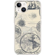 TechTree iPhone 13-14 Uyumlu Vintage Dünya Haritası ve Pusula Baskılı Silikon Kılıf