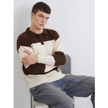 LC Waikiki Xsıde Kahverengi Polo Yaka Renk Bloklu Erkek Triko Kazak