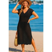 Faylora Eyesof Kadın Sıfır Kol V Yaka Yanı Derin Yırtmaçlı Midi Boy Triko Elbise