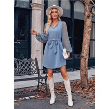 Faylora Kadın Uzun Kollu Yakadan Bağcıklı Belden Kuşaklı Ithal Krep Elbise