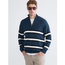 LC Waikiki Xsıde Petrol Fermuarlı Dik Yaka Çizgili Erkek Triko Kazak