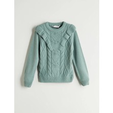 LC Waikiki Lcw Eco Yeşil Bisiklet Yaka Fırfır Detaylı Kız Çocuk Triko Kazak