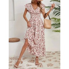 Faylora Kadın Kısa Kollu Kruvaze Yaka Beli Lastikli Çiçek Desenli Elbise