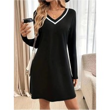 Faylora Kadın Uzun Kollu V Şerit Yakalı Kısa Viskon Iki Iplik Elbise