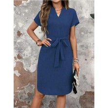 Faylora Kadın Kısa Kollu V Hakim Yaka Belden Kuşaklı Valencia Elbise