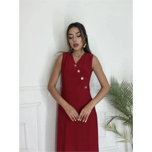 Faylora Bordo Düğme Detay V Yaka Kolsuz Maxi Boy Kadın Elbise