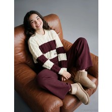 LC Waikiki Lcw Kids Ekru Bisiklet Yaka Renk Bloklu Kız Çocuk Triko Kazak