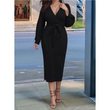 Faylora Kadın Uzun Kollu Kruvaze Yaka Belden Kuşaklı Midi Ithal Krep Elbise