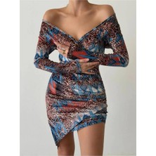 Faylora Kadın Uzun Kollu V Yaka Leopar Etnik Desen Fırsat Ürün Mini Kruvaze Elbise