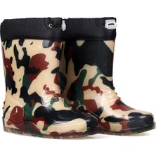 Kajila Bej Kamuflaj Desenli Çocuk Yağmur Çizmesi, Su Geçirmez, Kaymaz Tabanlı, Kışlık Çocuk Çizme