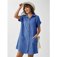 Faylora Kadın Cep Detay Müslin Kumaş Mini Gömlek Elbise