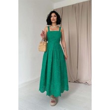 Faylora Yeşil Askılı Aparatlı Brode Elbise