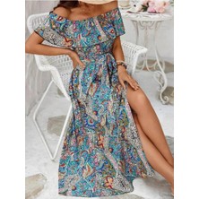 Faylora Kadın Kısa Kollu Madonna Yaka Fırfırlı Belden Yırtmaçlı Maksi Süprem Elbise