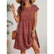 Faylora Kadın Kısa Kollu Bisiklet Yaka Çiçek Desenli Süprem Elbise