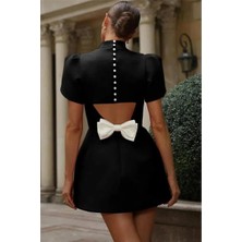 Faylora Eyesof Kadın Kısa Kollu Balıkçı Yaka Arkadan Kelebek Dekolte Detaylı Kısa Atlas Elbise