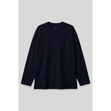 Lacivert O Yaka Rahat Form Battal Büyük Beden Uzun Kollu Erkek T-Shirt - 88107