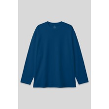 Indigo O Yaka Rahat Form Battal Büyük Beden Uzun Kollu Erkek T-Shirt - 88107