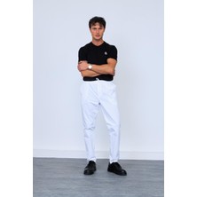 Beyaz Parça Boya Beli Lastikli Bağcıklı Chino