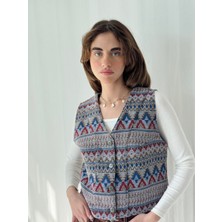 Retrobird Kilim Desen Tasarım Yelek Kadın Gri-Mavi