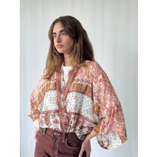 Retrobird Yeni Tasarım Boho Desen Mini Kimono Kadın Beyaz Kiremit