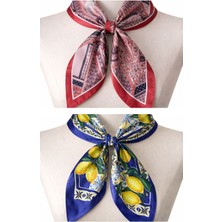 Aida Jewelss 2 Li Saten Bandana Seti Saten Fular Saten Çanta Aksesuarı Özel Desen Bandana 45X50 Cm