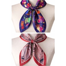 Aida Jewelss 2 Li Saten Bandana Seti Saten Fular Saten Çanta Aksesuarı Özel Desen Bandana 45X50 Cm