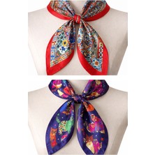Aida Jewelss 2 Li Saten Bandana Seti Saten Fular Saten Çanta Aksesuarı Özel Desen Bandana 45X50 Cm