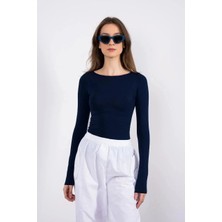 OEY Fashions Kayık Yaka Uzun Kollu Bluz Lacivert Pt