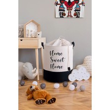 Luxway Home Beyaz Fileli Kumaş Home Sweet Home Baskılı Dekoratif Çok Amaçlı Oyuncak ve Çamaşır Sepeti