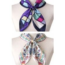 Aida Jewelss 2 Li Saten Bandana  Seti Saten Fular Saten Çanta Aksesuarı Özel Desen Bandana 45X50 cm