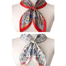 Zadenza Gold Aida Jewelss 2 Li Saten Bandana  Seti Saten Fular Saten Çanta Aksesuarı Özel Desen Bandana 45X50 cm