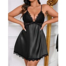 Aria's Closet Arias Closet Büyük Beden Siyah Dantel Detaylı Saten Gecelik