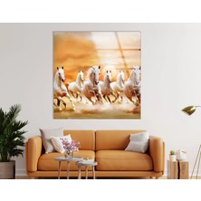 Myphotostation Gün Batımında Koşan Beyaz Atlar Çerçevesiz Temperli Cam Tablo Ev Hediyesi