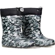 Kajila Gri Kamuflaj Desenli Çocuk Yağmur Çizmesi, Su Geçirmez, Kaymaz Tabanlı, Kışlık Çocuk Çizme