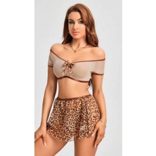 Aria's Closet Arias Closet Kalın Askılı Sütyen Leopar Desen Etekli Fantezi Gecelik