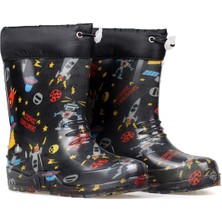 Kajila Siyah Uzay Desenli Çocuk Yağmur Çizmesi, Su Geçirmez, Kaymaz Tabanlı, Kışlık Çocuk Çizme