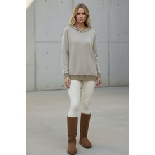 Lupinn Kadın Bej Kapüşonlu Rahat Kesim Basic Yumuşak Dokulu sweatshirt – Yeni Sezon Kadın Sweatshirt