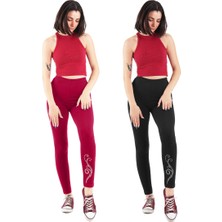 ASN Concept Kadın Bordo/Siyah Taş Baskılı 2'li Paket Tayt (Büyük Beden Seçeneğiyle)