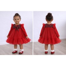 Sweetme Kız Bebek Ekose Tül Detaylı Uzun Kollu Elbise – Kırmızı (6–24 Ay)