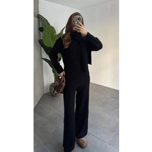 Asfa Moda Siyah Burgu Işlemeli Şallı Pantolonlu Bisiklet Yaka Kazak Üçlü Triko Takım