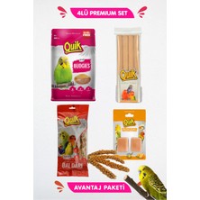 Quik 4lü Muhabbet Seti - Muhabbet Yemi 1kg Kumlu Tünek 4lü Portakal Gaga Taşı Ikili Dal Darı