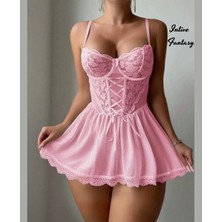 Intive Lingerie Intive Toz Peömbe Önü Dantelli ve Çapraz Bağlamalı Transparan Mini Gecelik - Şirin Dokunuş