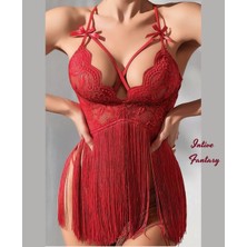 Intive Lingerie Intive Fantasy Kırmızı Yakası Dantelli Eteği Püskül Detaylı Mini Gecelik