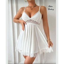Intive Lingerie Intive Fantasy Beyaz Dantelli Tülden Transparan V Yaka Ince Askılı Gecelik