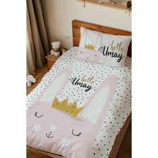 Homamia Isme Özel Baskılı %100 Pamuk Tek Kişilik Nevresim Takımı Pembe Tavşan